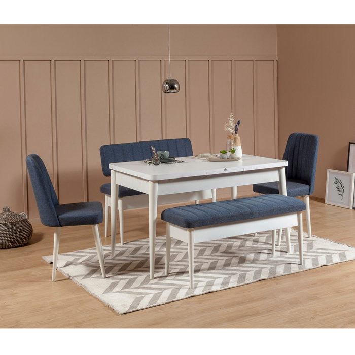 Hanah Home Banco Dark Blue, White 110 cm ancho, 85 cm alto, 40 cm profundidad, Tara de partículas y Lino